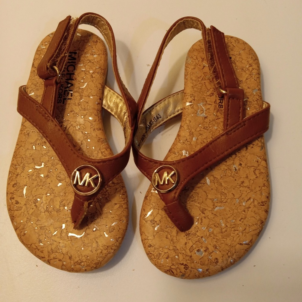 Michael Kors Tilly Madison Toddler Girls Cork Silver Cognac Sandals Size 6 T-888
